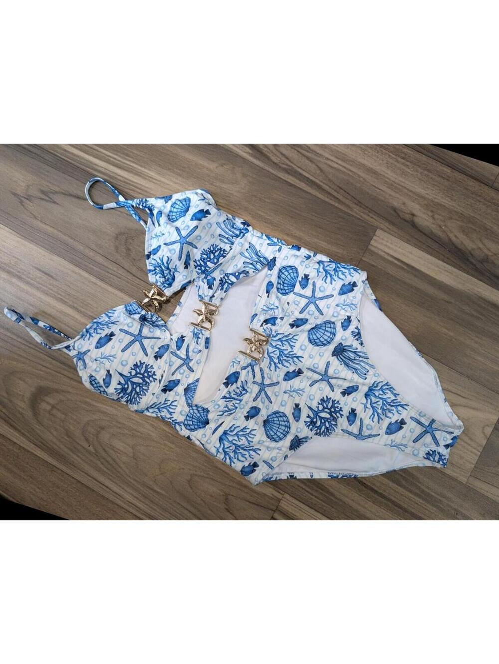 One-Piece Blue and White Ocean Print Swimsuit with Starfish Detail - Size Large